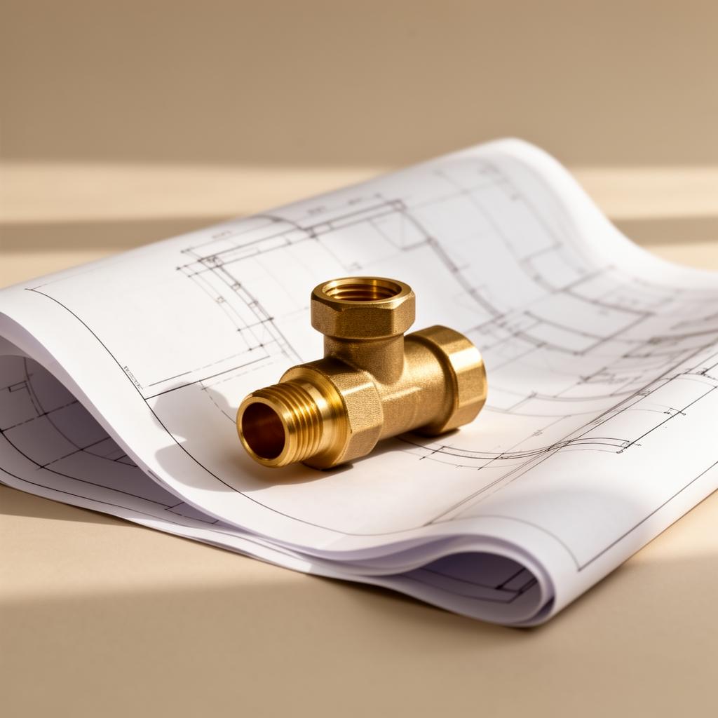 Brass plumbing valve resting on a folded white blueprint